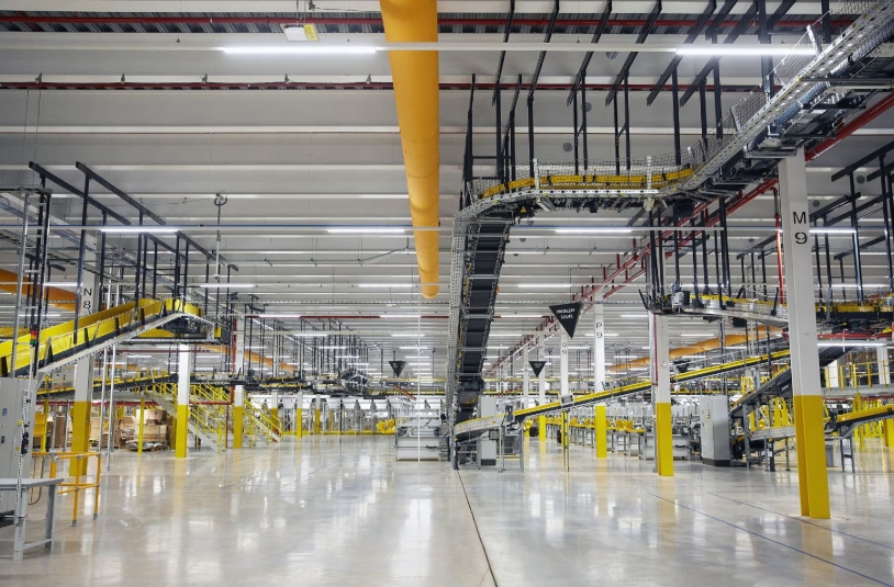 Large-scale commercial mechanical installation at an Amazon distribution facility in Bristol