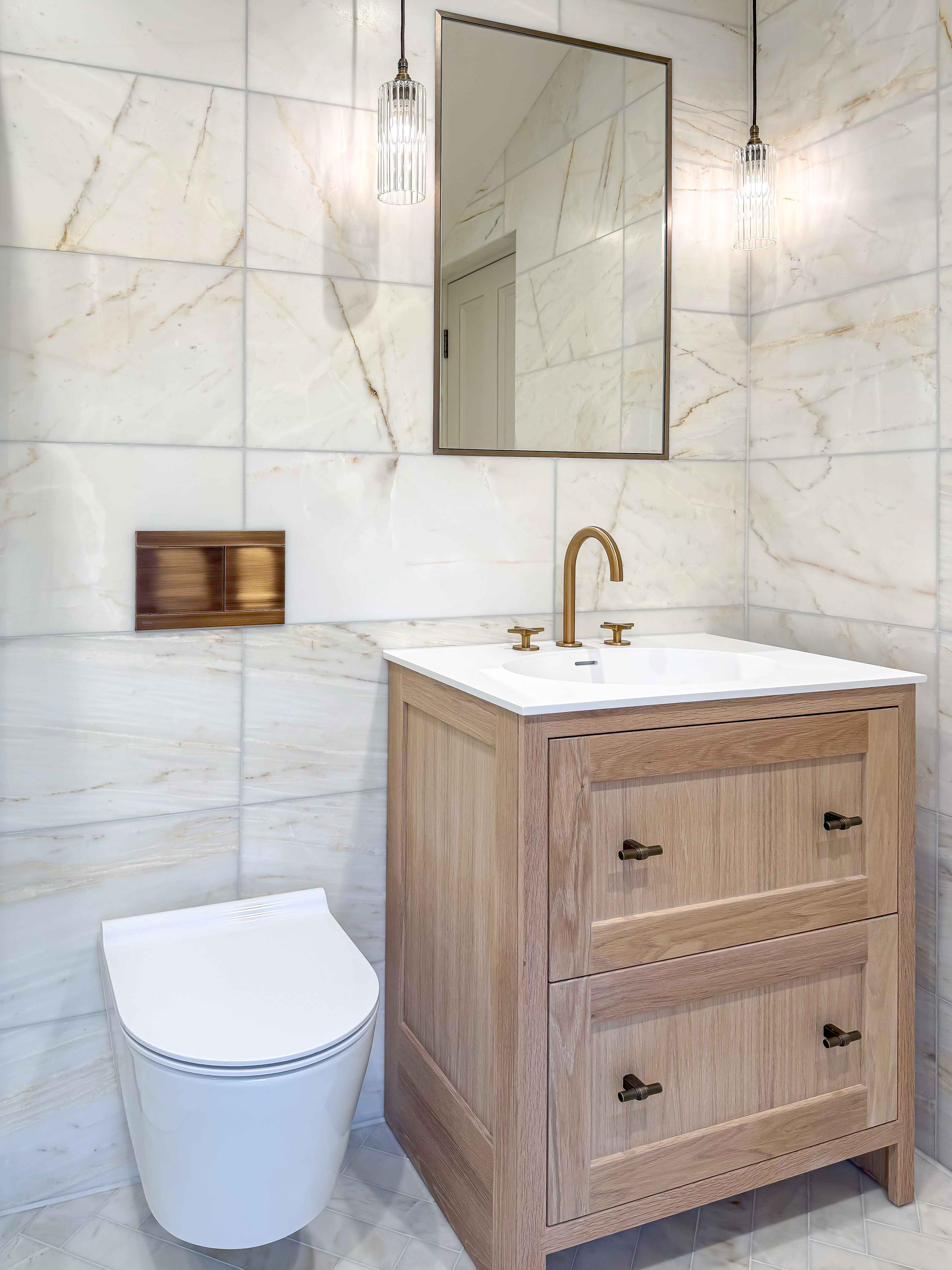 Vanity area with pendant lighting